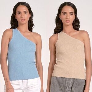 Set of 2- One-Shoulder Ribbed Knit Top - Blue and Tan